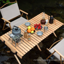 Outdoor furniture supplier portable foldable egg roll round wooden picnic dinner table solid wood folding outdoor table